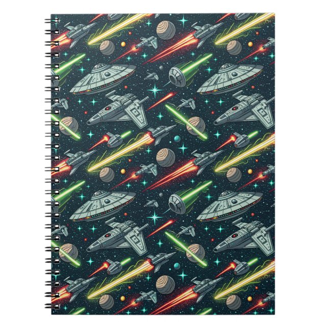 Retro Rymdstrid Sci-Fi Rymdskepp Seriemönster Anteckningsbok (Framsidan)