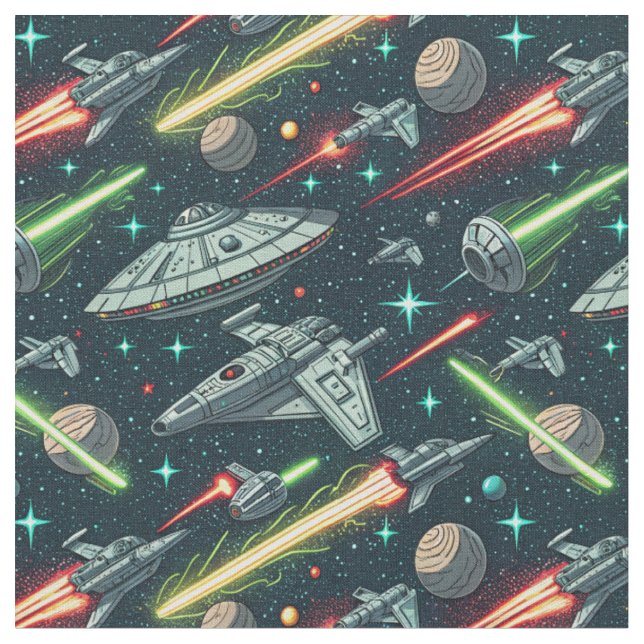 Retro Rymdstrid Sci-Fi Rymdskepp Seriemönster Tyg (Närbild)