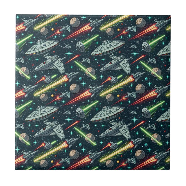 Retro Rymdstrid Sci-Fi Rymdskepp Tecknad Mönster Kakelplatta (Framsidan)