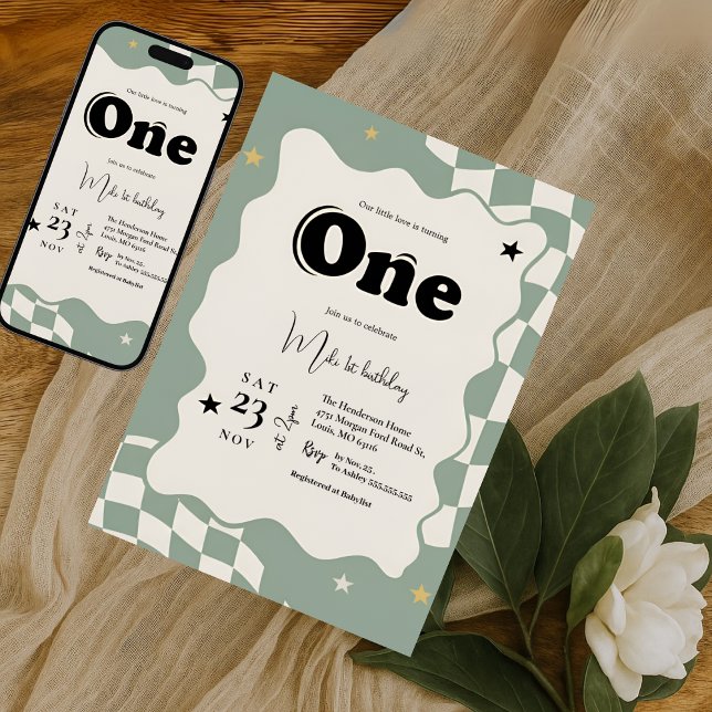 Retro Sage Green Checkered Groovy One 1st Birthday Inbjudningar (Skapare uppladdad)