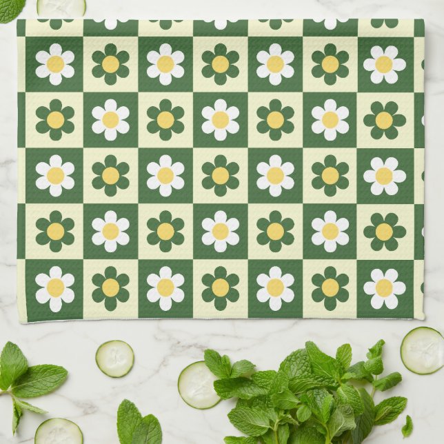 Retro Sagegrön och Crème Daisy Rutig Mönster  Kökshandduk (Vikta)