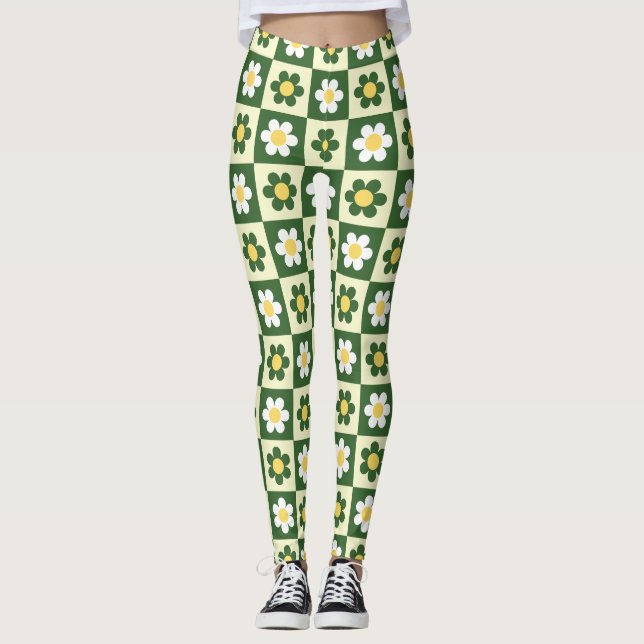 Retro Sagegrön och Crème Daisy Rutig Mönster  Leggings (Framsida)