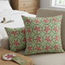 Retro Sagegrön och Rosa Blommig Dekorativ Kudd