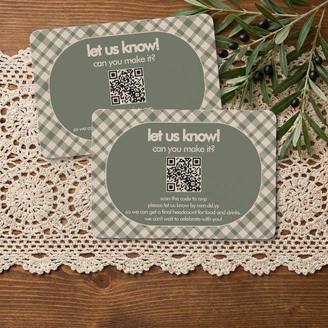 Retro Sagegrön Rutig QR-kod Bröllop OSA Kort (QR Code RSVP Card from the Sage Green Retro Plaid Wedding Collection by Darling & May)