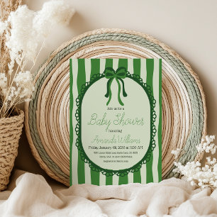 Retro Sagegröna Randiga Baby Shower med Rosett Inbjudningar