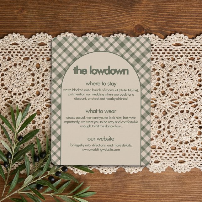 Retro Saggrön Plaid Ledig Bröllopsinformation Tilläggskort (Details and Accommodation Card from the Sage Green Retro Plaid Wedding Collection by Darling & May)