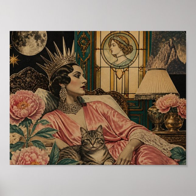 Retro Sagodrottning Och Hennes Katt I Säng Poster (Framsidan)
