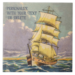 Retro Sailing Frakt Boat Seaman Nautical Teckning Kakelplatta