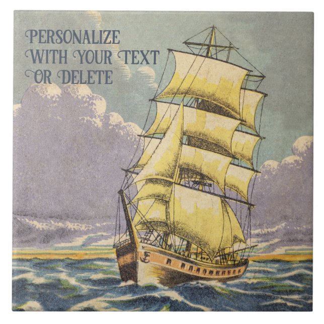 Retro Sailing Frakt Boat Seaman Nautical Teckning Kakelplatta (Framsidan)