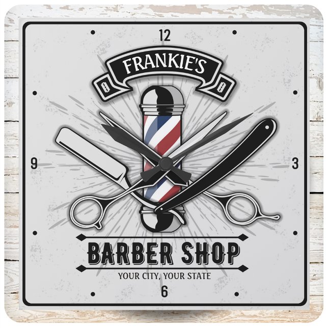 Retro Salon Barber Shop Barbershop Personlig Fyrkantig Klocka (Skapare uppladdad)