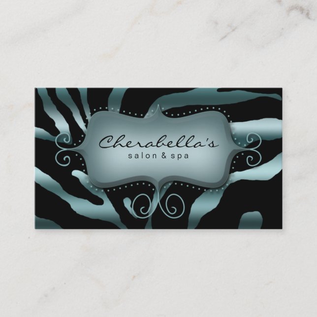 Retro Salon Spa Affärskort Zebra Teal Blue Visitkort (Framsida)