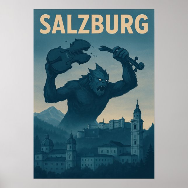 Retro Salzburg Monster Attack Travel Poster (Framsidan)