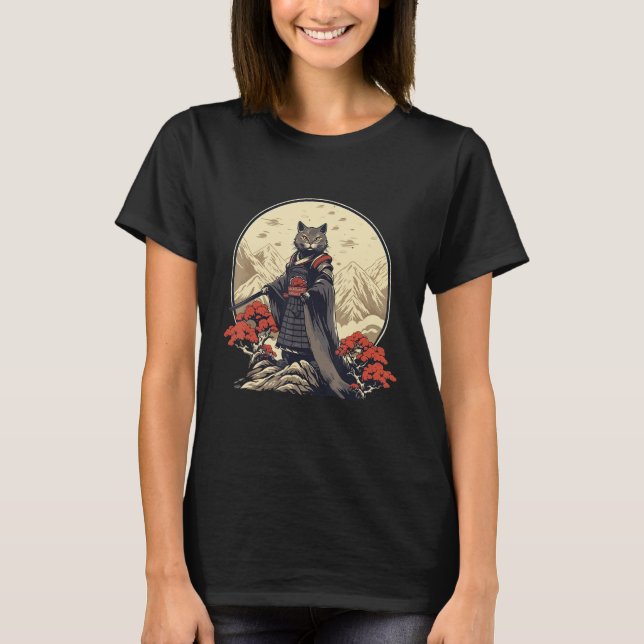 Retro Samurai Cat  Japanese Inspired Cat T Shirt (Framsida)