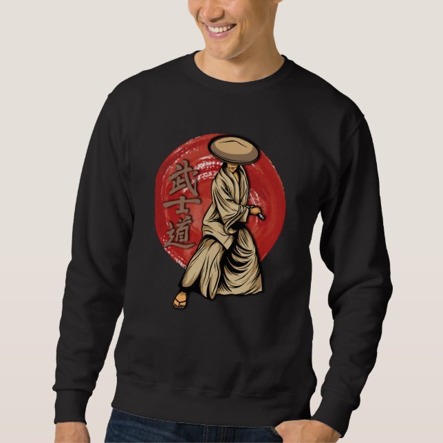 Retro Samurai Warrior med Katana - japanska Lång Ärmad Tröja (Framsida)