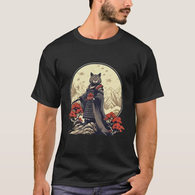 Retro Samuraj Katt Japansk Inspirerad Katt T Shirt (Framsida)