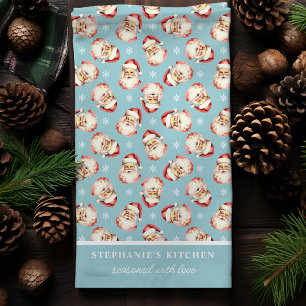 Retro Santa Blå Personlig Namn Jul Kökshandduk