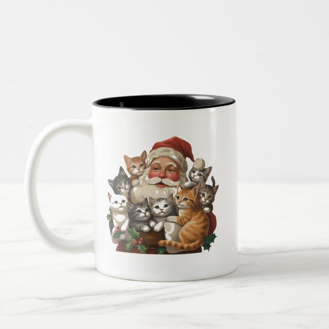 Retro Santa Claus & Kittens Christmas Winter 90s  Två-Tonad Mugg (Vänster)