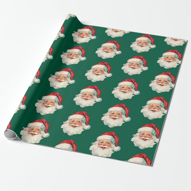 Retro Santa Face Christmas Green Presentpapper (Utrullad)