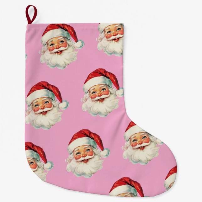 Retro Santa Face Christmas Pink Stor Julstrumpa (Framsidan)