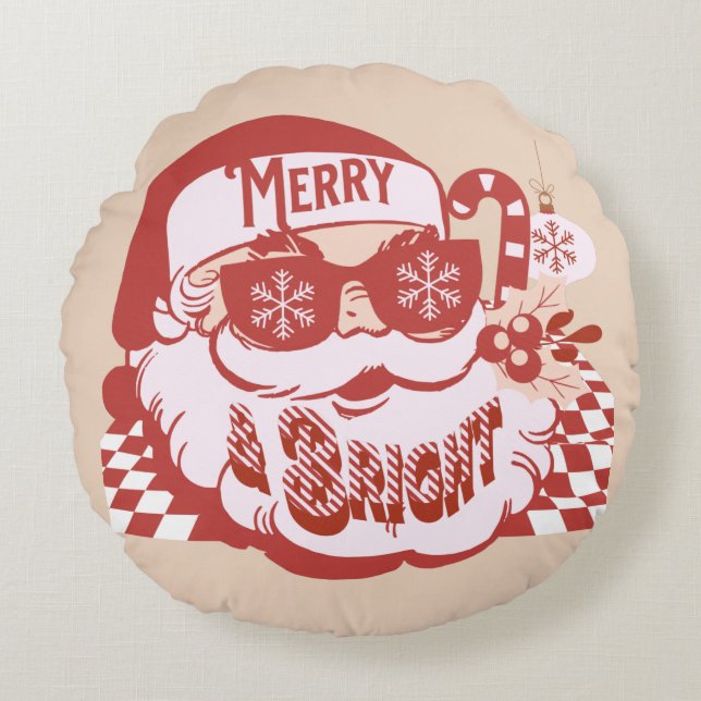 Retro Santa Glädjande och Ljus Groovy   Rund Kudde (Framsidan)