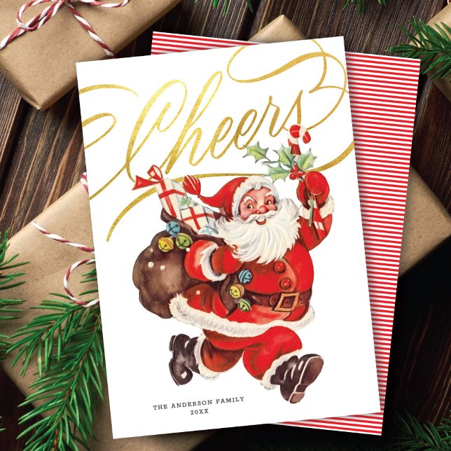 Retro Santa Gold Script Cheers Non-Photo Christmas Julkort (Skapare uppladdad)
