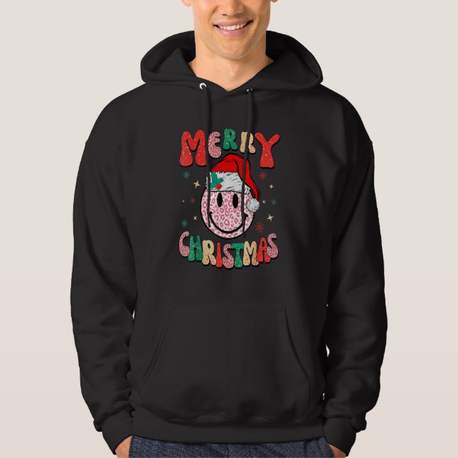 Retro Santa Hat Leopard Smile Face Merry Christmas Hoodie (Framsida)