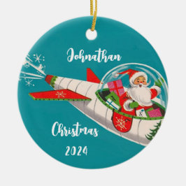Retro Santa in Rocketship Personlig Ornament