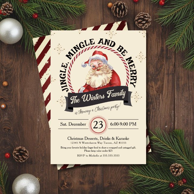 Retro Santa Jingle Mingle Be Merry Christmas Party Inbjudningar (Ultra retro vintage Santa Claus Jingle Mingle and Be Merry Christmas party invitation printed)