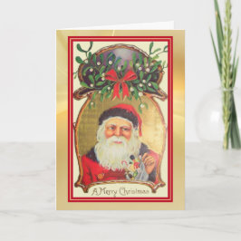 Retro Santa med Leksak Guld Grönt Gräns Helgdag Kort