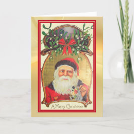 Retro Santa med Leksak Guld Grönt Gräns Helgdag Kort