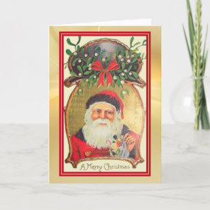 Retro Santa med Leksak Guld Grönt Gräns Helgdag Kort