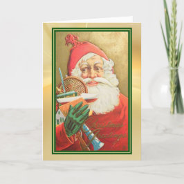 Retro Santa med Leksak Guld Grönt Gräns Helgdag Kort