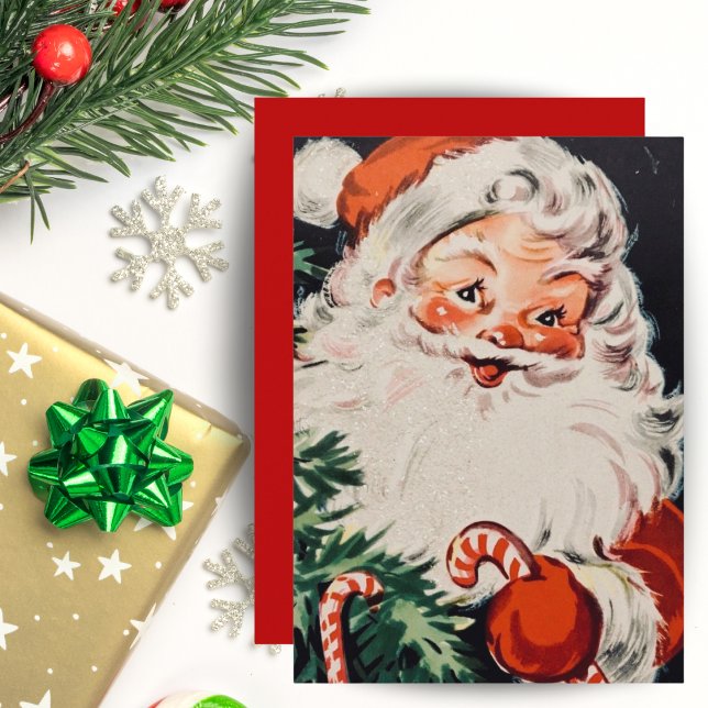 Retro Santa med Polkagrisar Anpassningsbar jul Julkort (Retro Santa with Candy Canes Custom Christmas Holiday Card)
