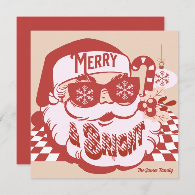 Retro Santa Merry Bright Groovy-julkort (Fram/baksida)