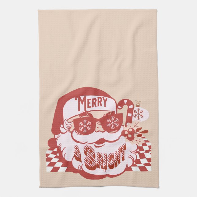 Retro Santa Merry Bright Jul Rosa Red Kökshandduk (Vertikal)