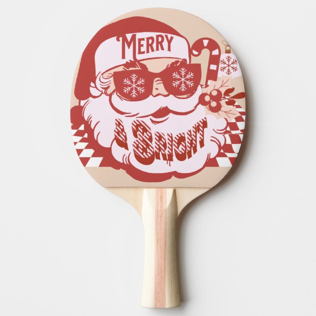 Retro Santa Merry Bright Jul Rosa Red Pingisracket (Framsidan)
