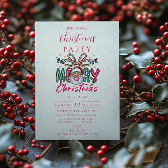 Retro Santa Merry Christmas Coquette Bow Inbjudningar (Skapare uppladdad)