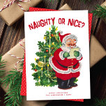 Retro Santa Naughty Nice icke-fotokort<br><div class="desc">Det här ljuva kortet för helgdag utan foto innehåller en vintage som illustrerar hur tomten checkar sin lista framför ett dekorerat Julgran. Hälsning på kortets framsida säger "Naughty or Nice?" men är redigerbart och kan ändras till vad du vill. Det finns också utrymme för namn och året. På baksidan av...</div>