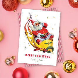 Retro Santa on Rocket - icke-fotojulkort