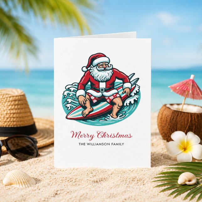 Retro Santa som Surfar Tropiska Vibrationer Helgkort (Add Family Name and customize the message inside the card)
