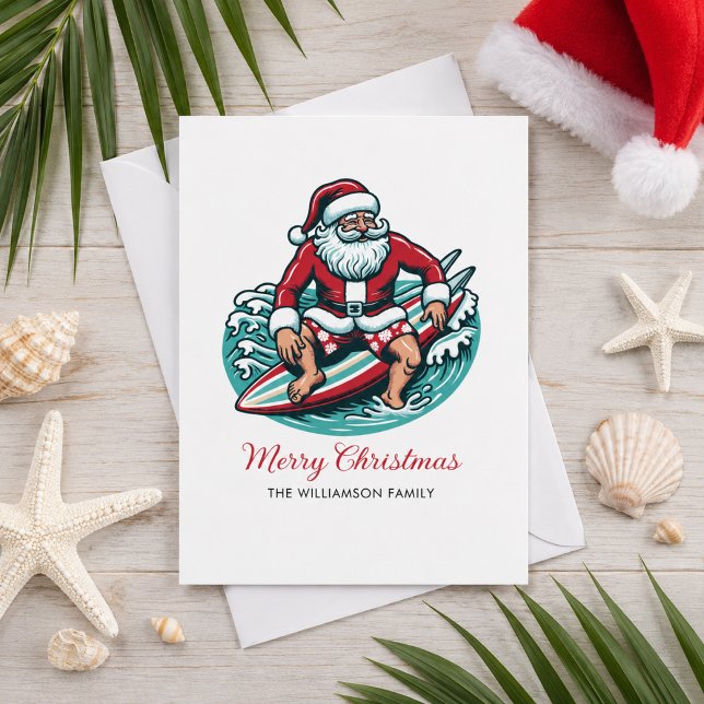 Retro Santa som Surfar Tropiska Vibrationer Julkort (Add Family Name and Message  to personalize as required. Change fonts and text size if you wish)