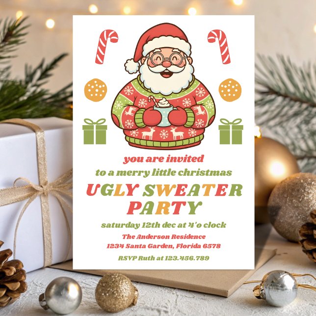 Retro Santa Ugly Sweater Party Editable Inbjudningar (Skapare uppladdad)