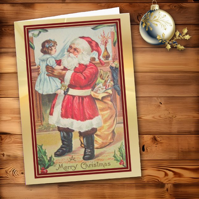 Retro Santa Undersöker Doll Red Gräns Helgdag Kort (Skapare uppladdad)