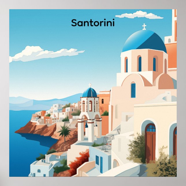 Retro Santorini Greece Mediterranean Blue & White  Poster (Framsidan)