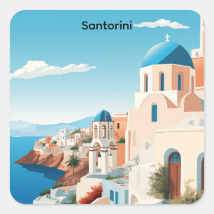 Retro Santorini Grekland Medelhavet Blå & Vit Fyrkantigt Klistermärke