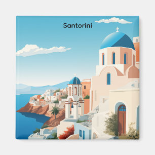 Retro Santorini Grekland Medelhavet Blått & Vitt Magnet