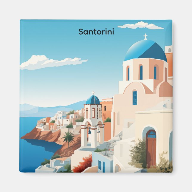 Retro Santorini Grekland Medelhavet Blått & Vitt  Magnet (Framsidan)