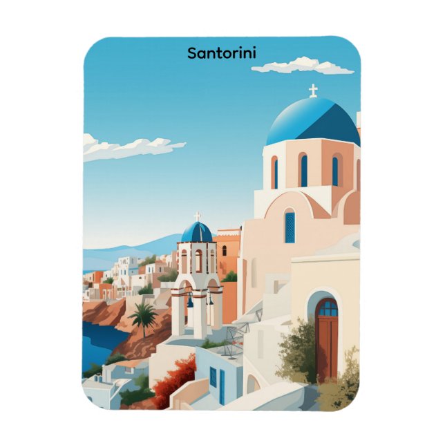 Retro Santorini Grekland Medelhavet Blått & Vitt  Magnet (Vertikal)