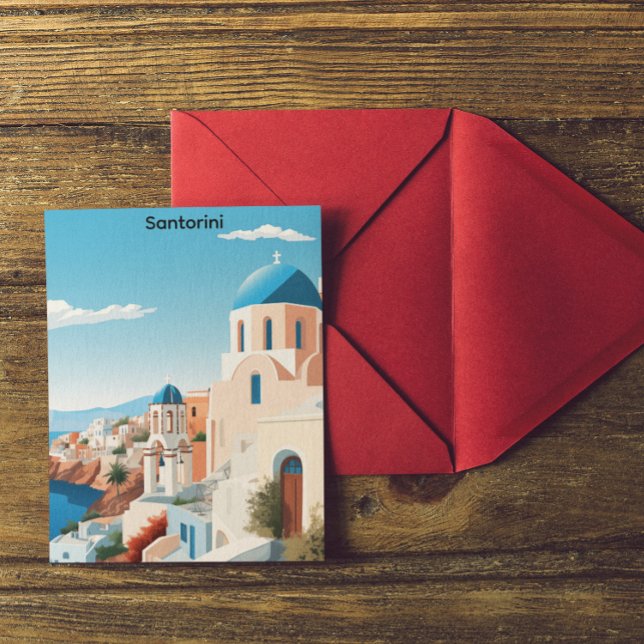 Retro Santorini Grekland Medelhavet Blått & Vitt  Vykort (Retro Santorini Greece Mediterranean Blue & White Postcard)