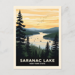 Retro Saranac Lake New York Resor Vykort